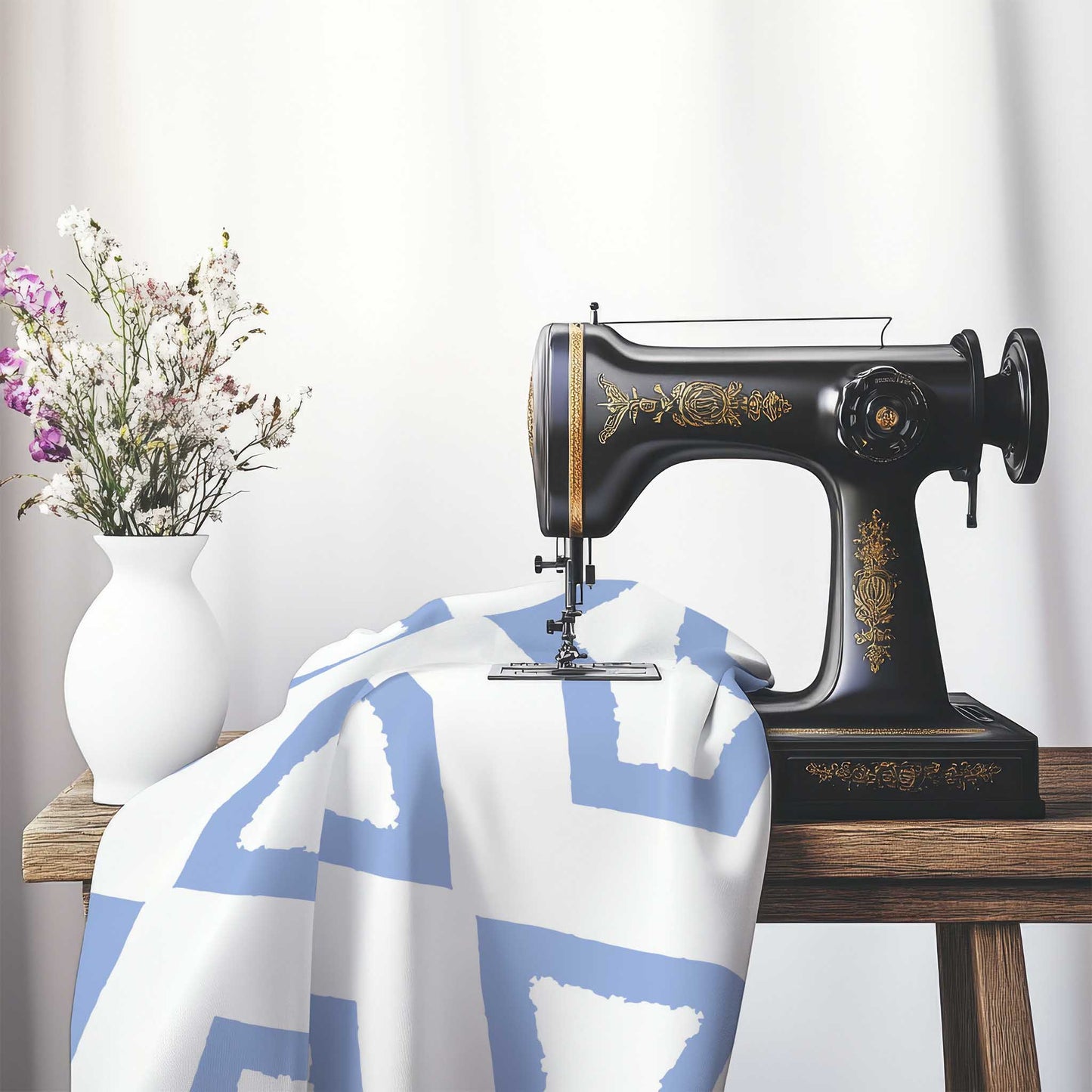 Off-White Cotton Sateen Fabric with Bold Blue Graphic , FASC-1231-391, on an antique sewing machine sitting on a desk with vase of beautiful flowers.