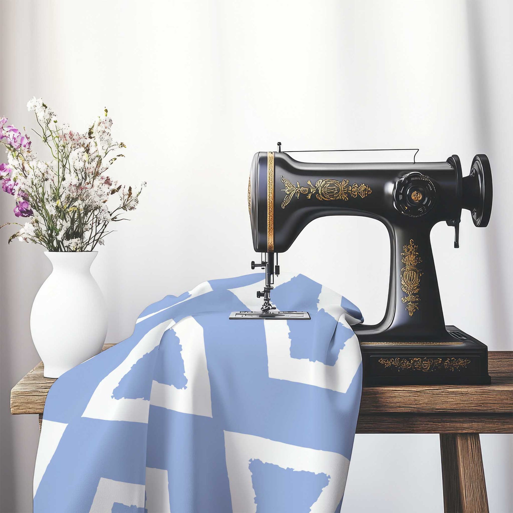 Blue Cotton Sateen Fabric with Bold Off-White Graphic , FASC-1231-392, on an antique sewing machine sitting on a desk with vase of beautiful flowers.
