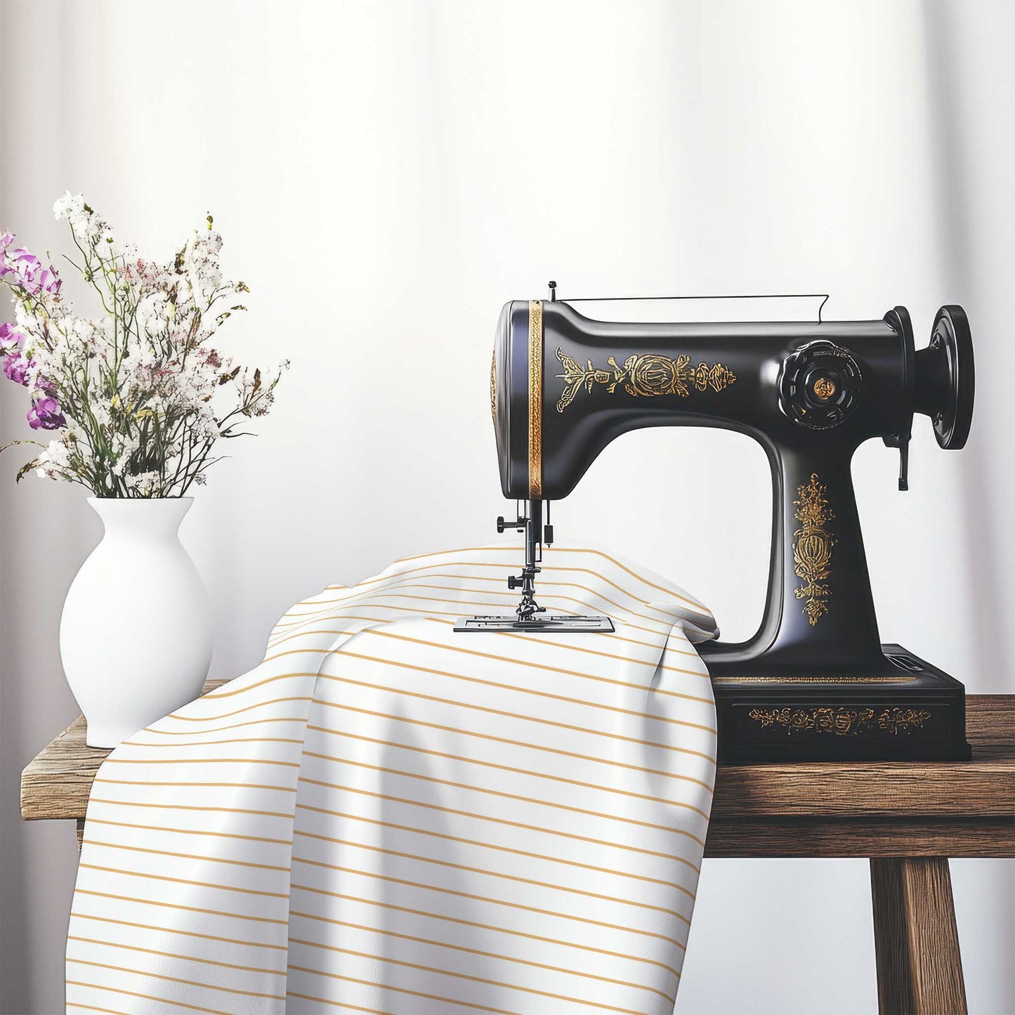 White Cotton Sateen Fabric with Fine Orange Stripes, FACS-1232-151, on an antique sewing machine sitting on a desk with vase of beautiful flowers.