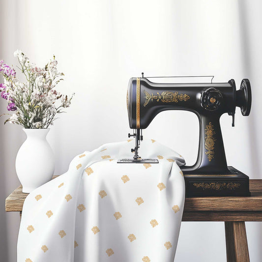 Off-White Cotton Sateen Fabric with Pale Orange Hand-painted Swizzle Motif Print, FASC-1232-171, on an antique sewing machine sitting on a desk with vase of beautiful flowers.