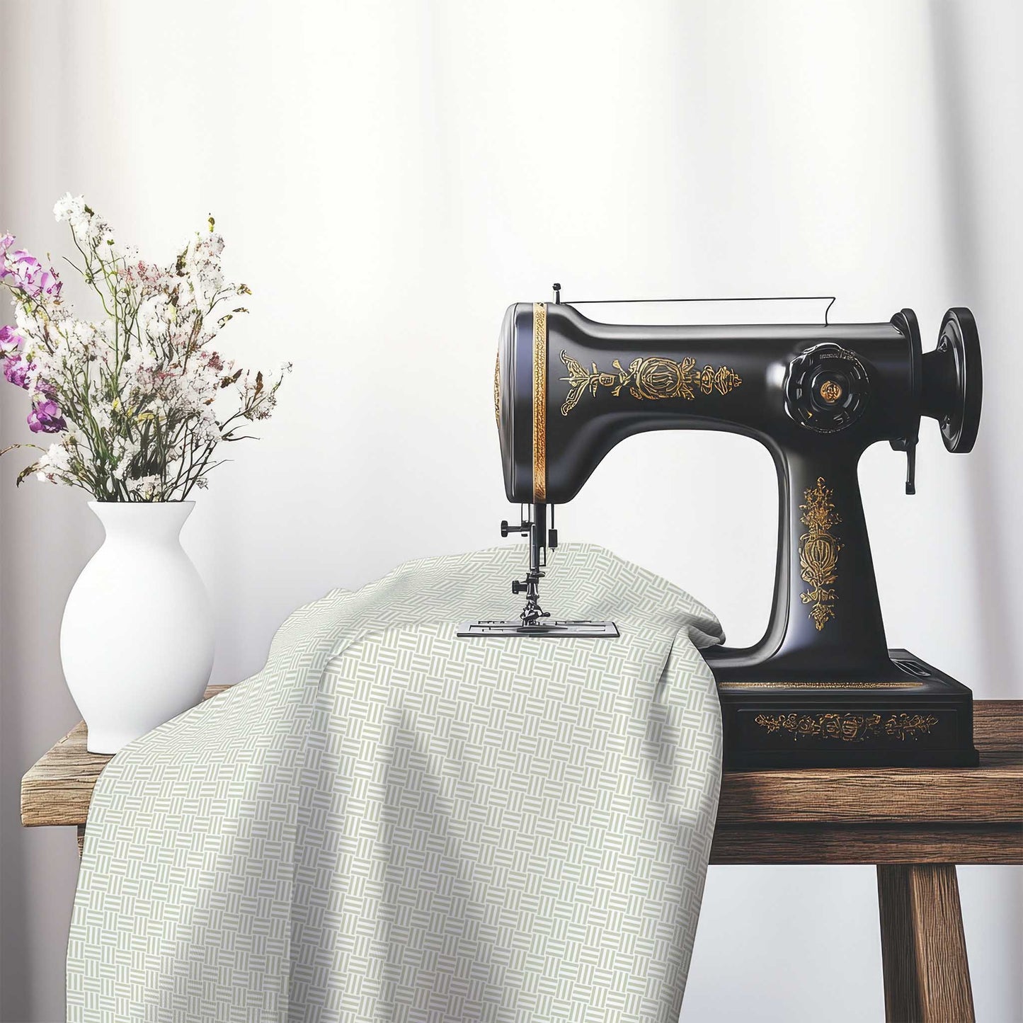 Off-White Cotton Sateen Fabric with Pale Green Single Weave Motif Print, FASC-1241-142, on an antique sewing machine sitting on a desk with vase of beautiful flowers.