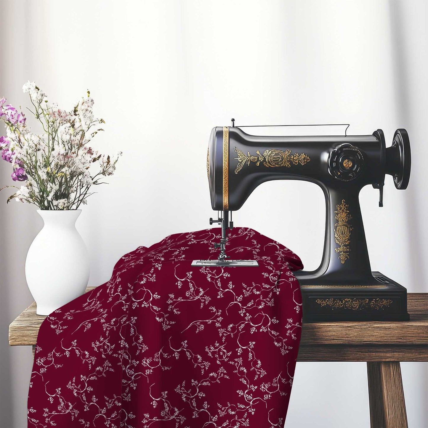 Burgundy Red Cotton Sateen Fabric with Off-White Vine Print , FASC-1281-182, on an antique sewing machine sitting on a desk with vase of beautiful flowers.