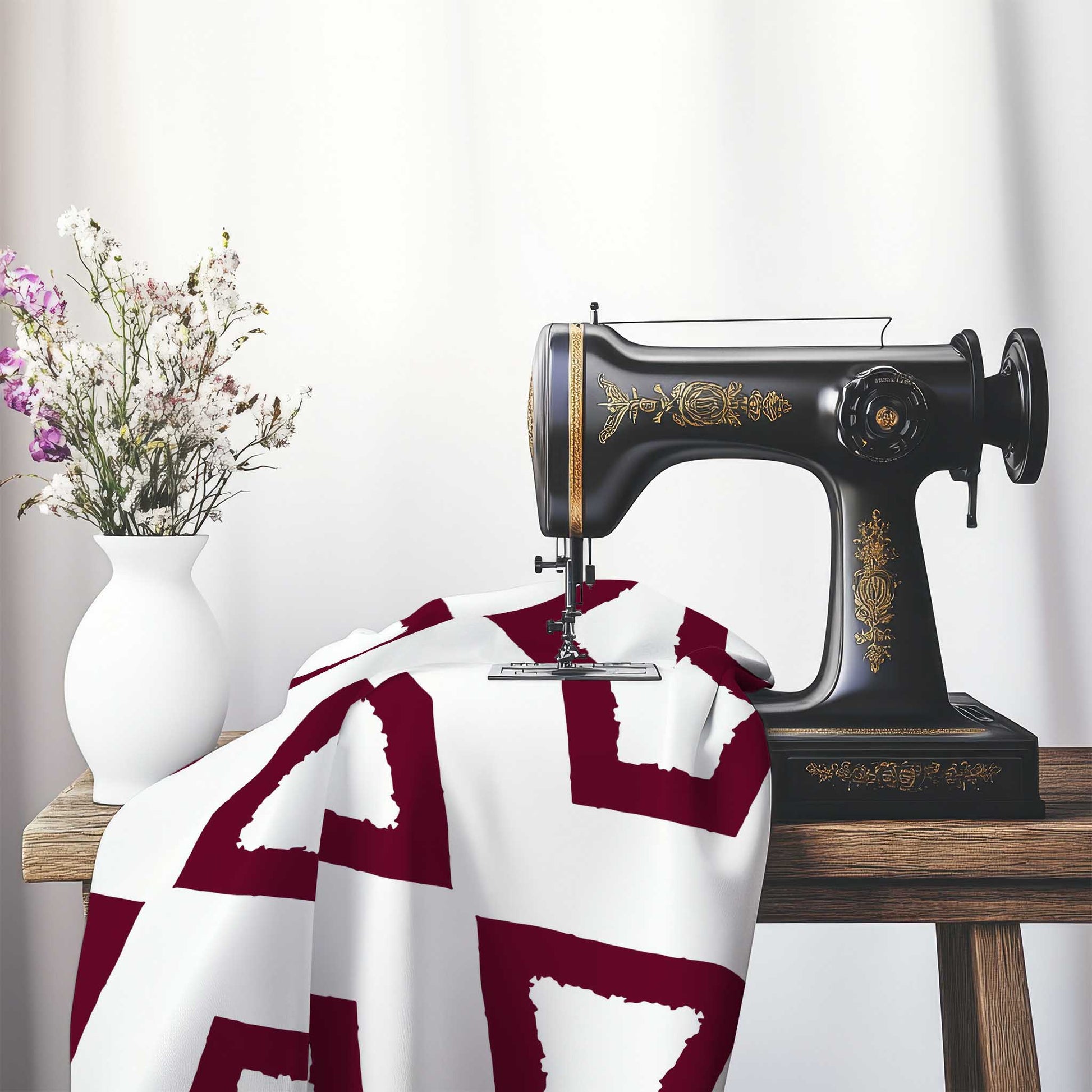 Off-White Cotton Sateen Fabric with Bold Burgundy Red Graphic , FASC-1281-391, on an antique sewing machine sitting on a desk with vase of beautiful flowers.