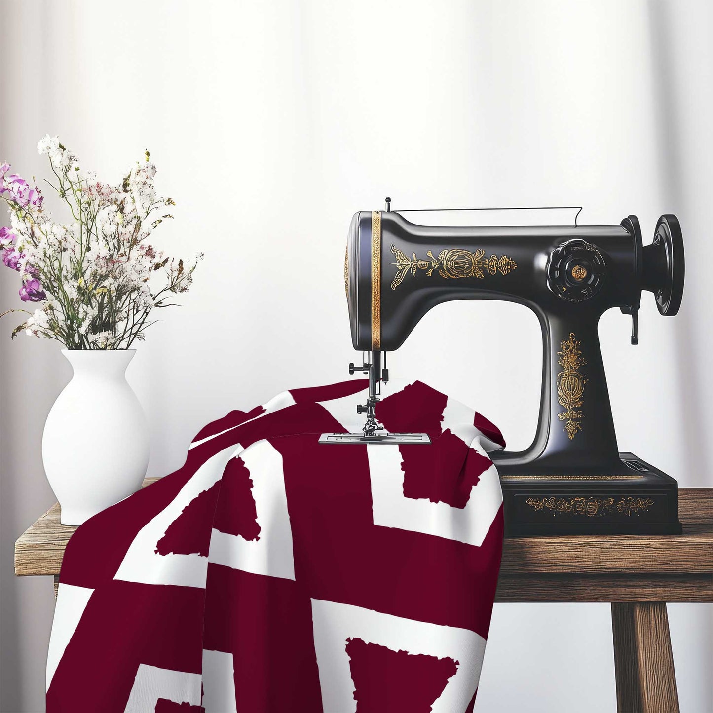 Burgundy Red Cotton Sateen Fabric with Bold Off-White Graphic , FASC-1281-392, on an antique sewing machine sitting on a desk with vase of beautiful flowers.