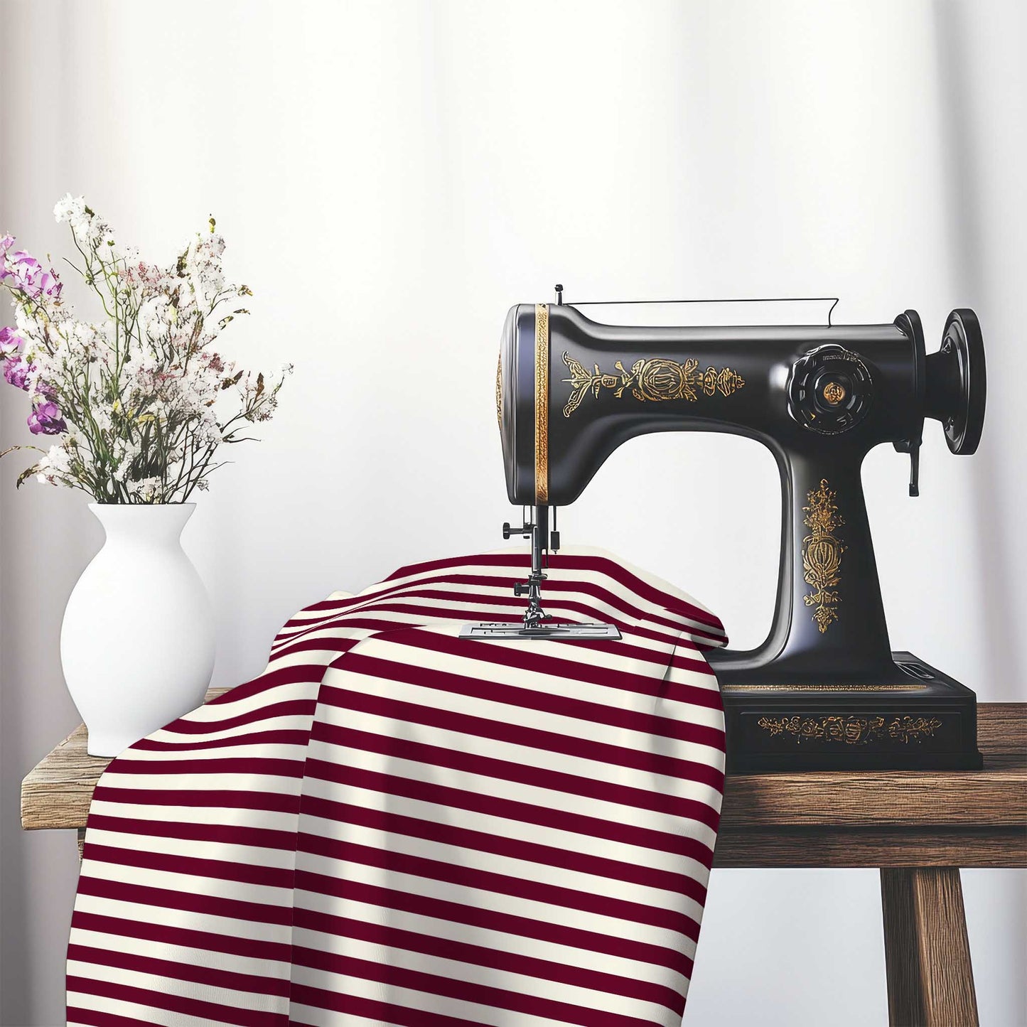 Cotton Sateen Fabric with Burgundy Red Bars on Pale Cream, FACS-1283-051, on an antique sewing machine sitting on a desk with vase of beautiful flowers.