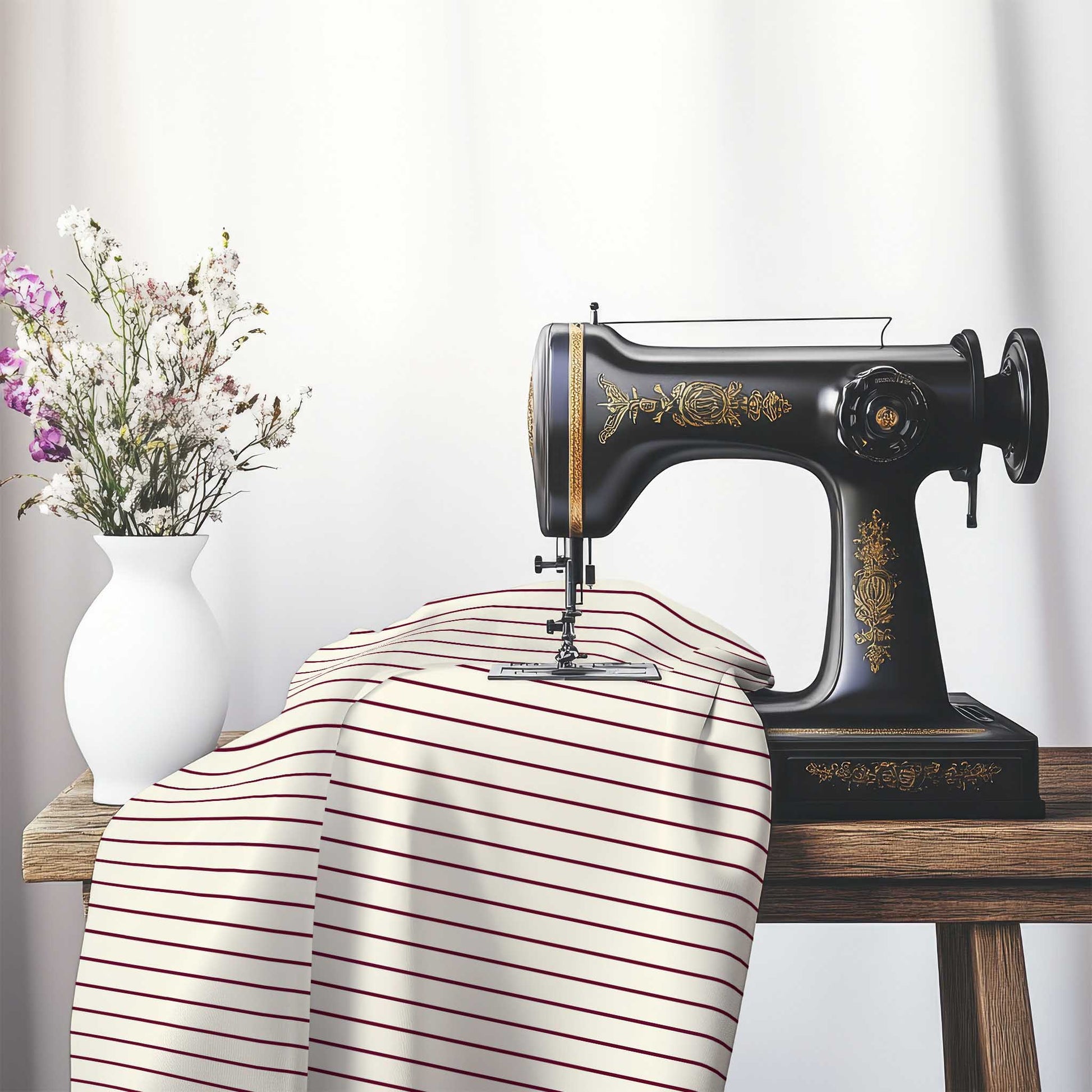 Cotton Sateen Fabric with Fine Burgundy Red Stripes on Pale Cream, FACS-1283-151, on an antique sewing machine sitting on a desk with vase of beautiful flowers.
