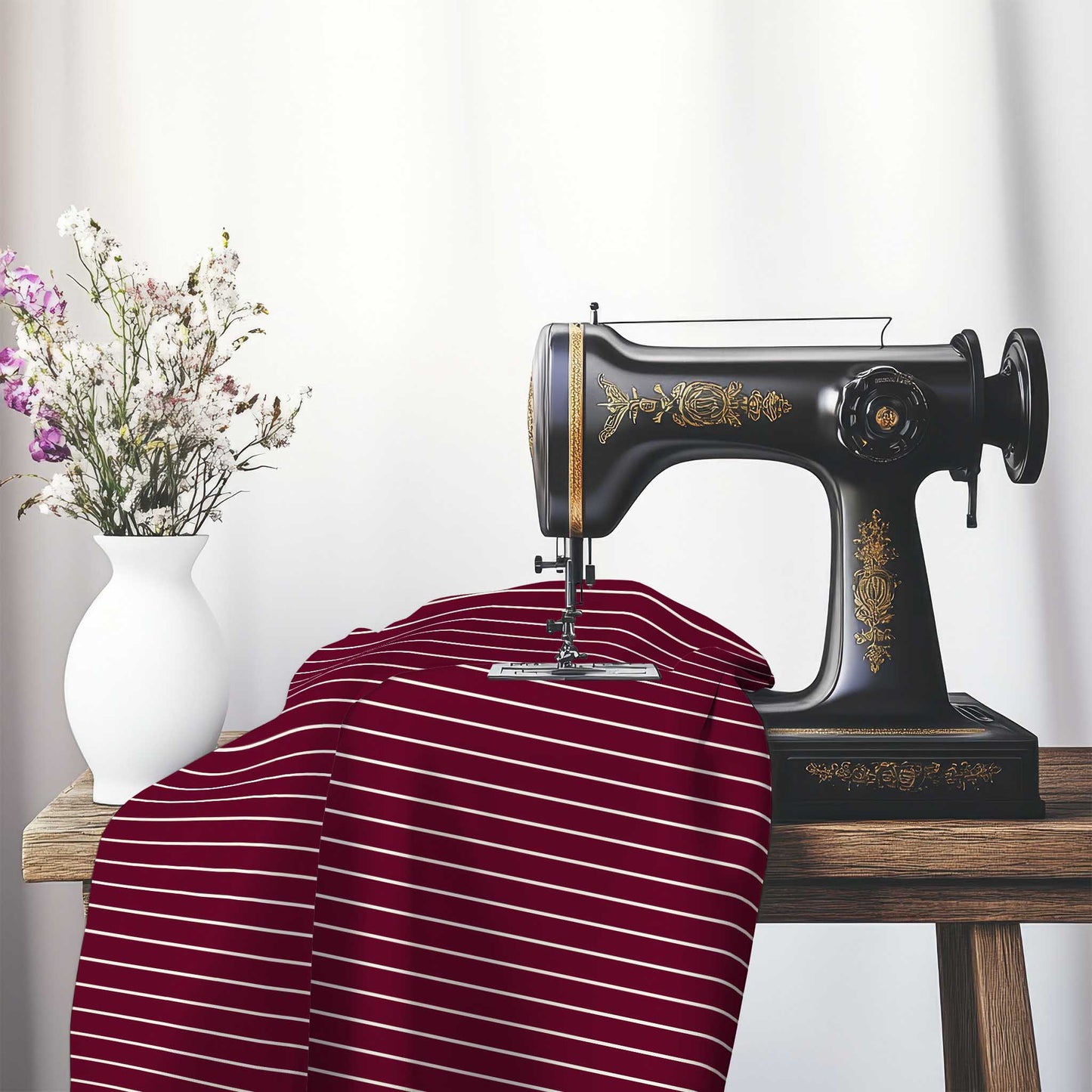 Cotton Sateen Fabric with Fine Pale Cream Stripes on Burgundy Red, FACS-1283-152, on an antique sewing machine sitting on a desk with vase of beautiful flowers.