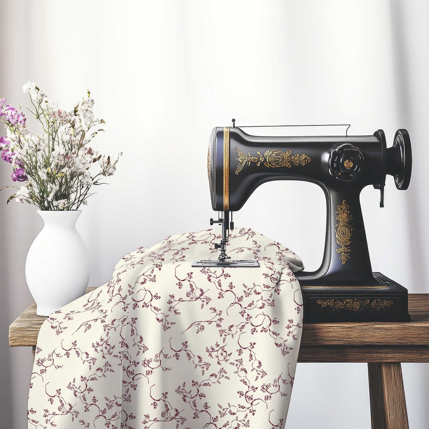 Pale Cream Cotton Sateen Fabric with Burgundy Red Hand-painted Vine Print, FASC-1283-181, on an antique sewing machine sitting on a desk with vase of beautiful flowers.