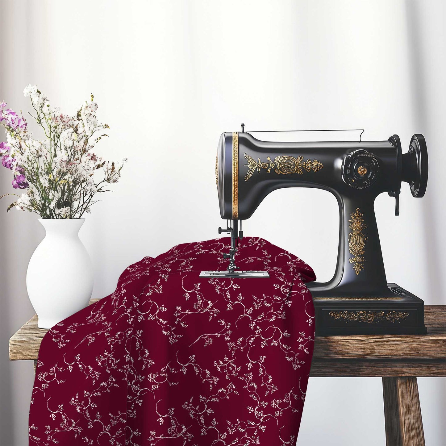 Burgundy Red Cotton Sateen Fabric with Pale Cream Vine Print , FASC-1283-182, on an antique sewing machine sitting on a desk with vase of beautiful flowers.