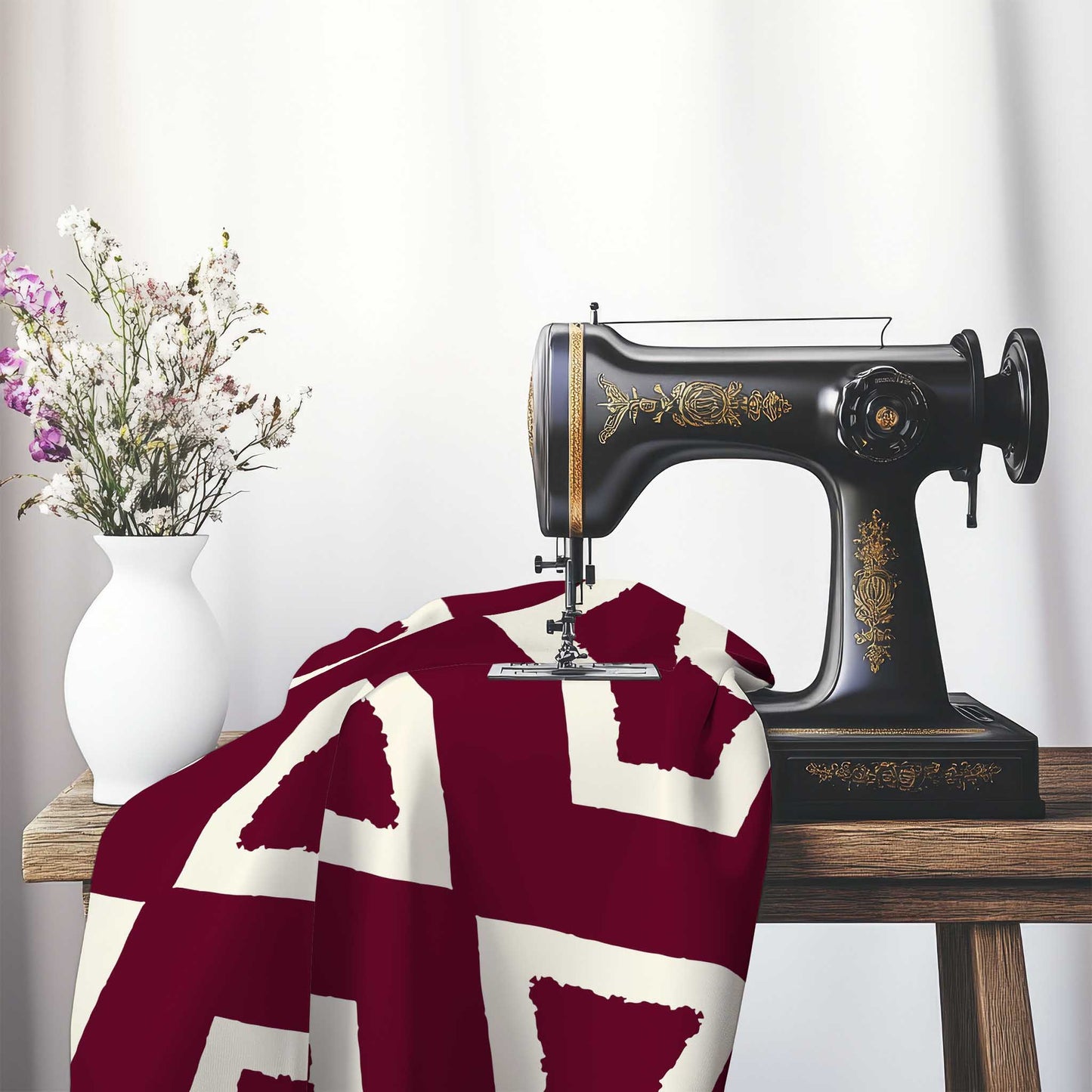 Burgundy Red Cotton Sateen Fabric with Bold Pale Cream Graphic , FASC-1283-392, on an antique sewing machine sitting on a desk with vase of beautiful flowers.