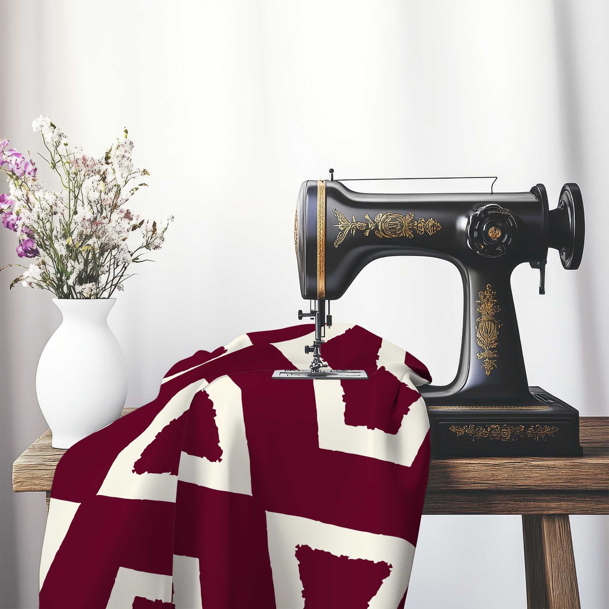 Burgundy Red Cotton Sateen Fabric with Bold Pale Cream Graphic , FASC-1283-392, on an antique sewing machine sitting on a desk with vase of beautiful flowers.