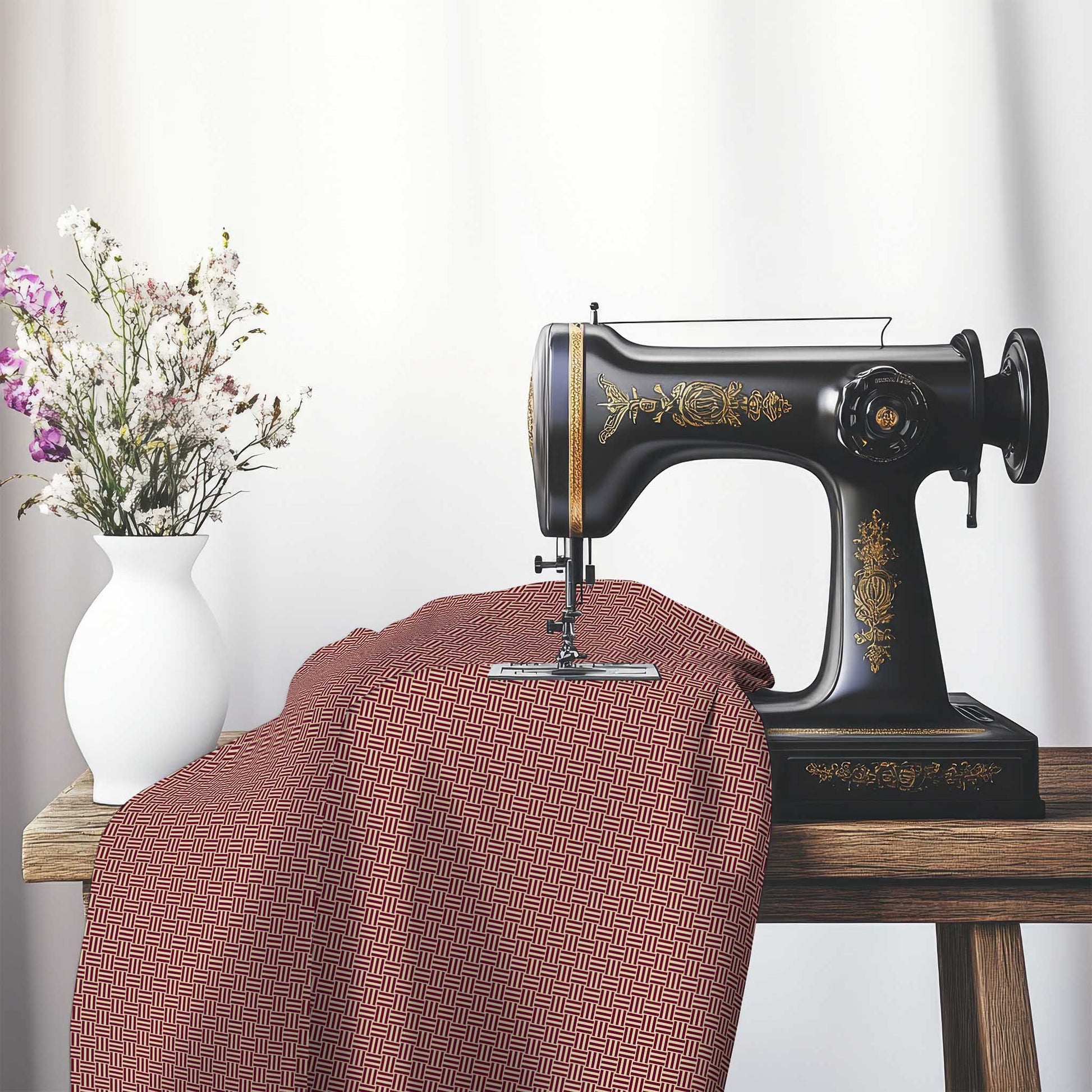 Tan Cotton Sateen Fabric with Burgundy Red Double Weave Motif Print, FASC-1284-144, on an antique sewing machine sitting on a desk with vase of beautiful flowers.