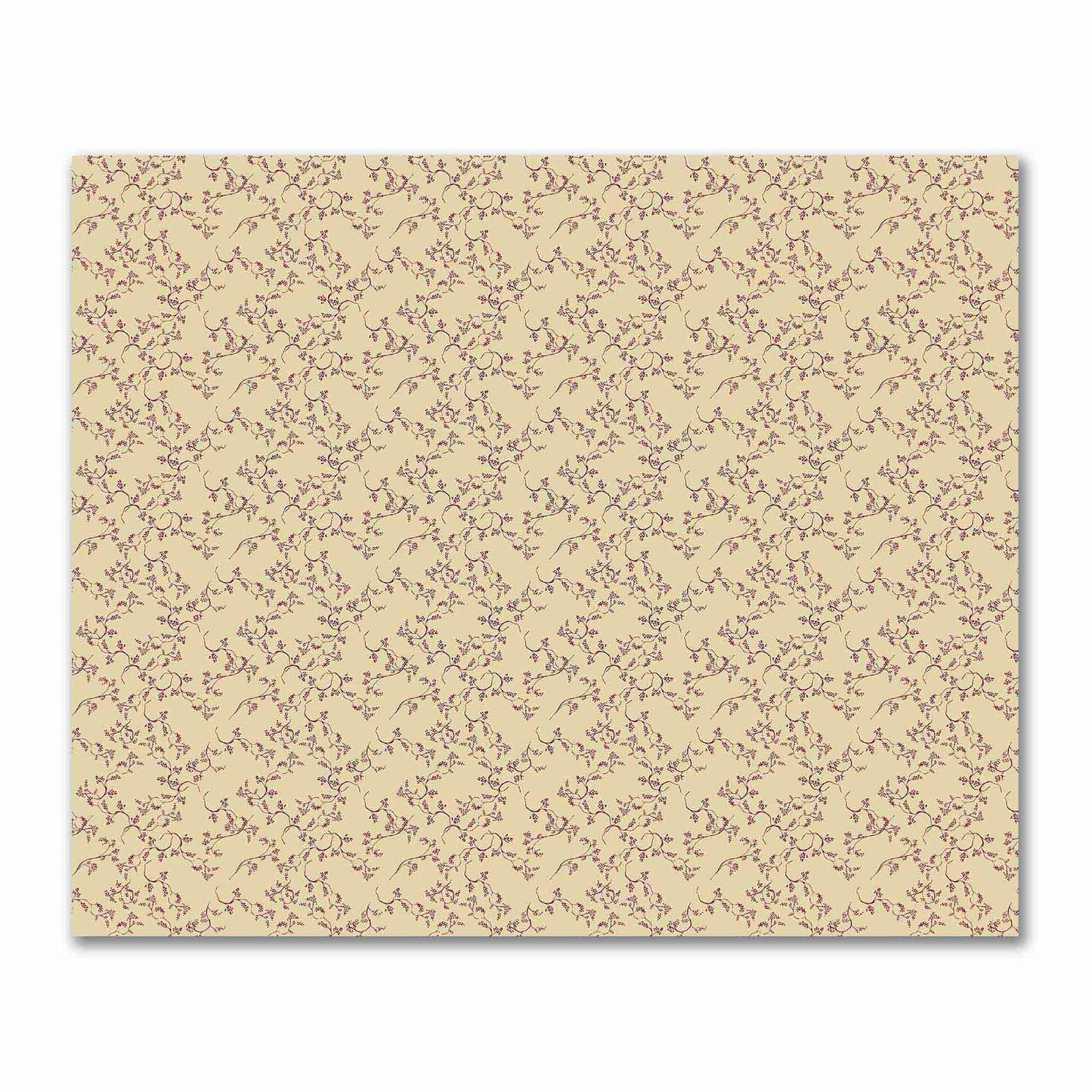Tan Cotton Sateen Fabric with Burgundy Red Hand-painted Vine Print | FACS-1284-181