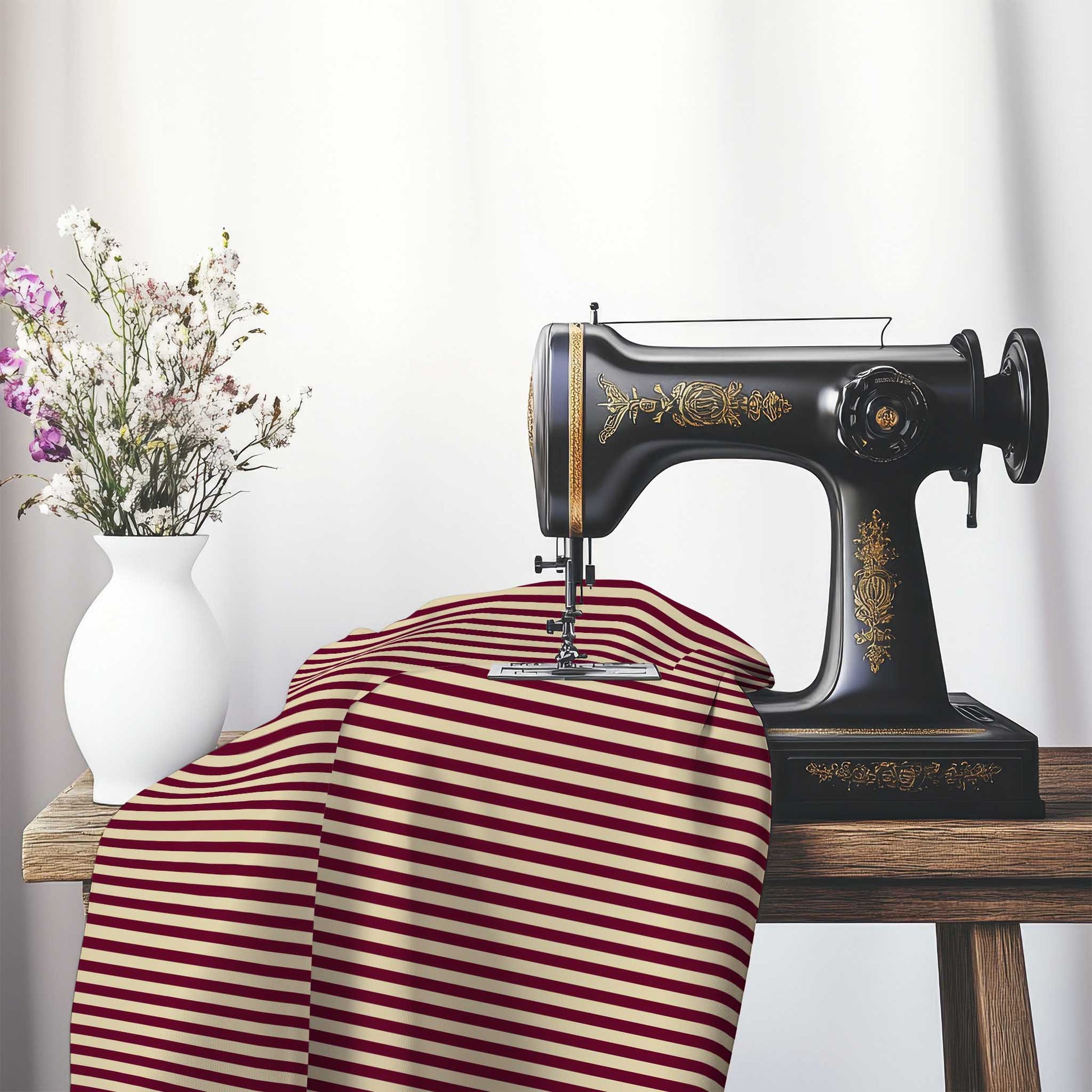 Cotton Sateen Fabric with Thin Burgundy Red Bars on Tan, FACS-1284-241, on an antique sewing machine sitting on a desk with vase of beautiful flowers.