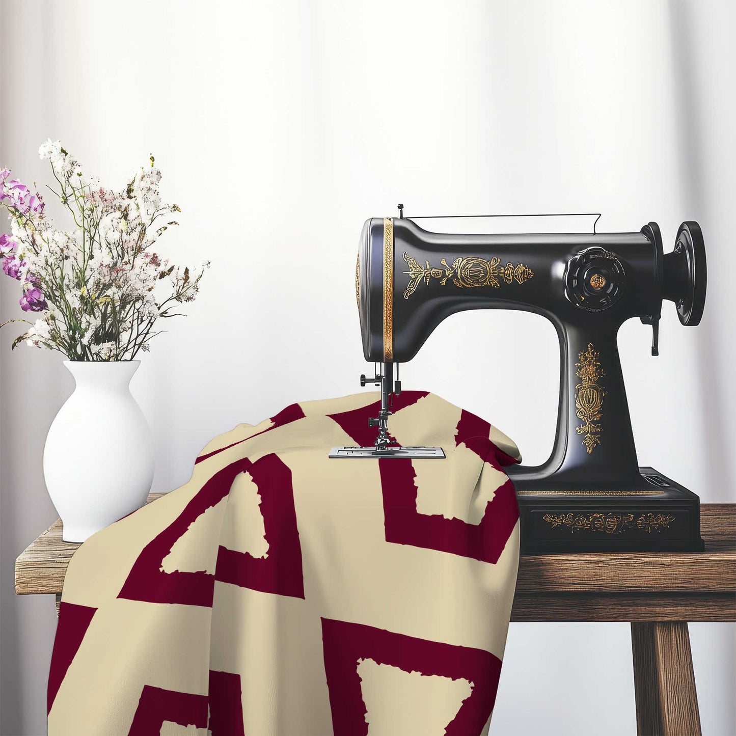 Tan Cotton Sateen Fabric with Bold Burgundy Red Graphic , FASC-1284-391, on an antique sewing machine sitting on a desk with vase of beautiful flowers.