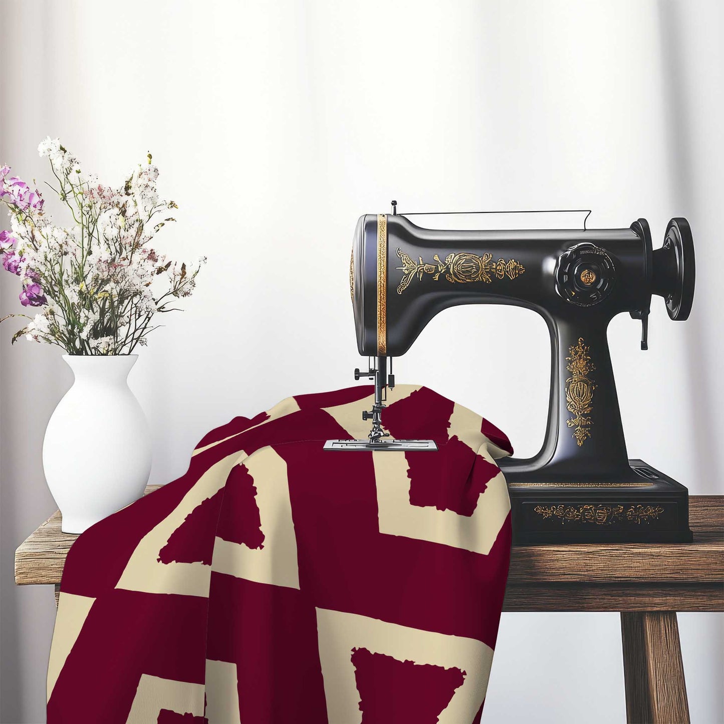 Burgundy Red Cotton Sateen with Bold Tan Graphic , FASC-1284-392, on an antique sewing machine sitting on a desk with vase of beautiful flowers.
