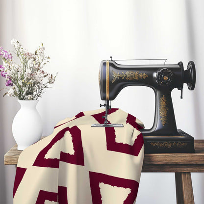 Beige Cotton Sateen Fabric with Bold Burgundy Red Graphic , FASC-1285-391, on an antique sewing machine sitting on a desk with vase of beautiful flowers.