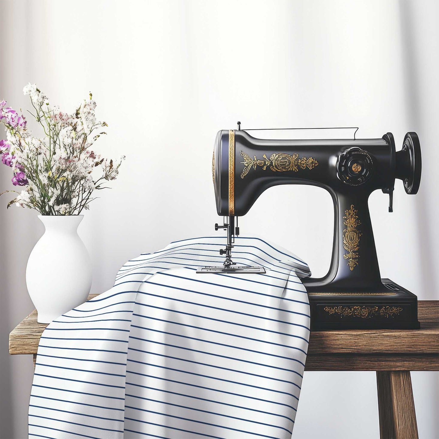 White Cotton Sateen Fabric with Fine Royal Blue Stripes, FACS-1291-151, on an antique sewing machine sitting on a desk with vase of beautiful flowers.