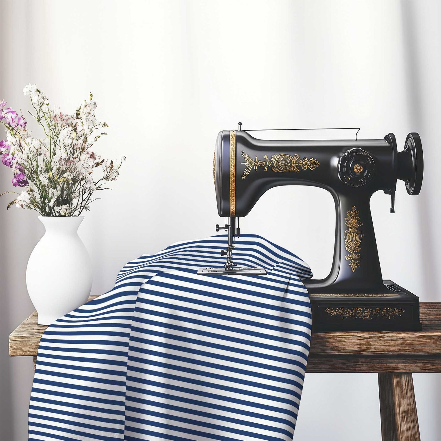 White Cotton Sateen Fabric with Thin Royal Blue Bars, FACS-1291-241, on an antique sewing machine sitting on a desk with vase of beautiful flowers.