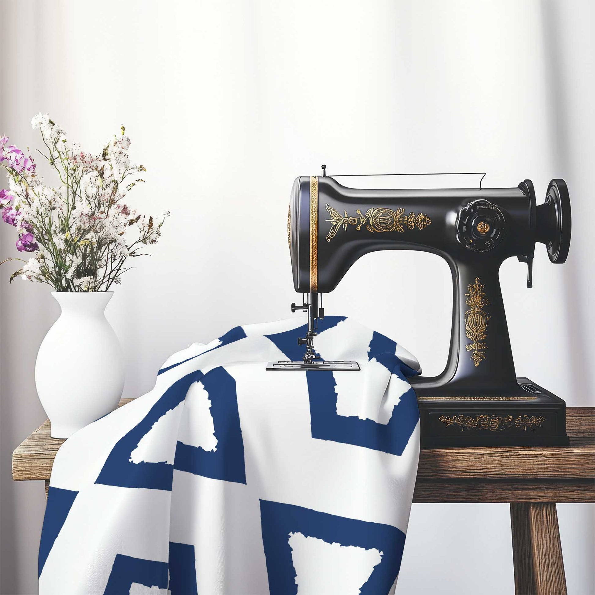 Off-White Cotton Sateen Fabric with Bold Royal Blue Graphic , FASC-1291-391, on an antique sewing machine sitting on a desk with vase of beautiful flowers.