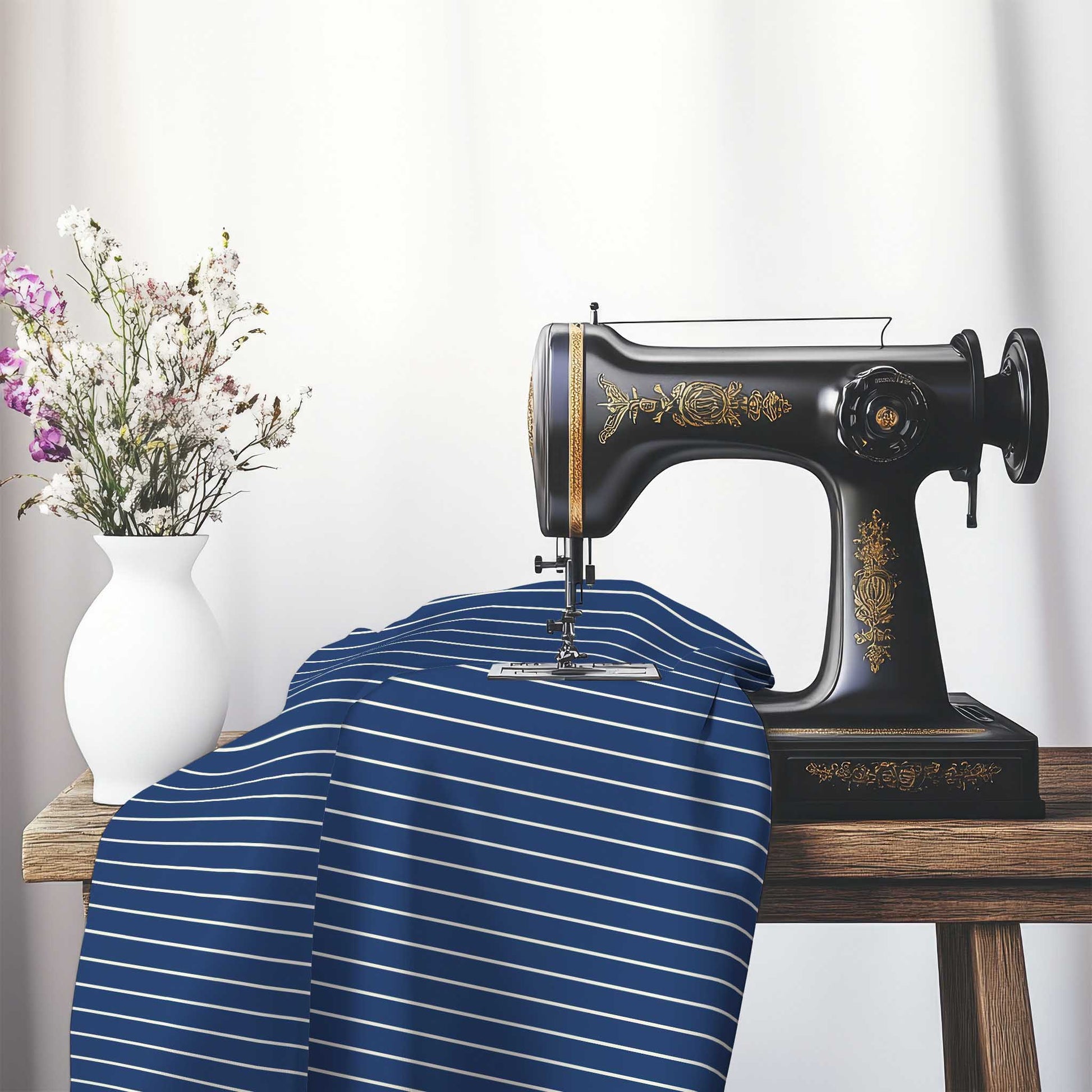 Cotton Sateen Fabric with Fine Pale Cream Stripes on Royal Blue, FACS-1293-152, on an antique sewing machine sitting on a desk with vase of beautiful flowers.
