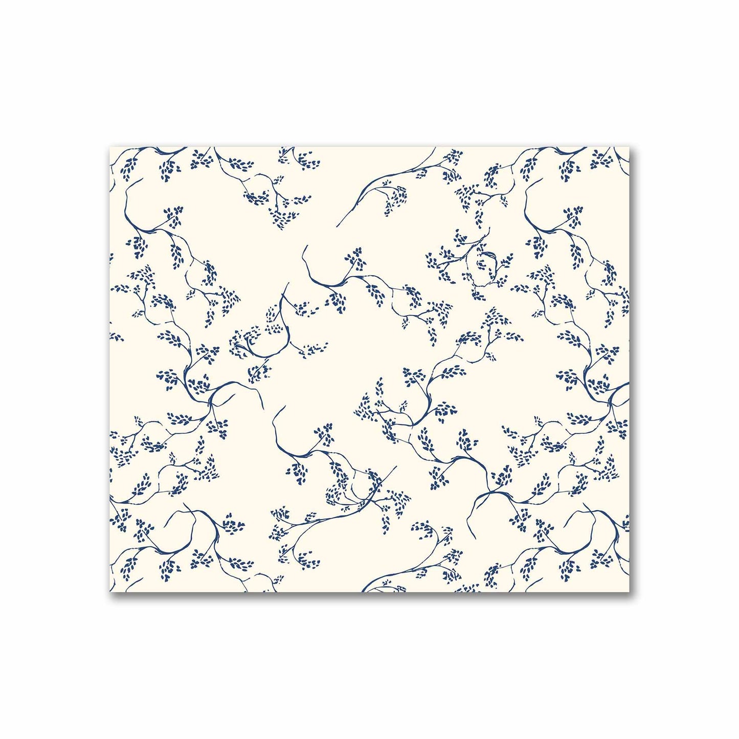 Pale Cream Cotton Sateen Fabric with Royal Blue Hand-painted Vine Print | FACS-1293-181
