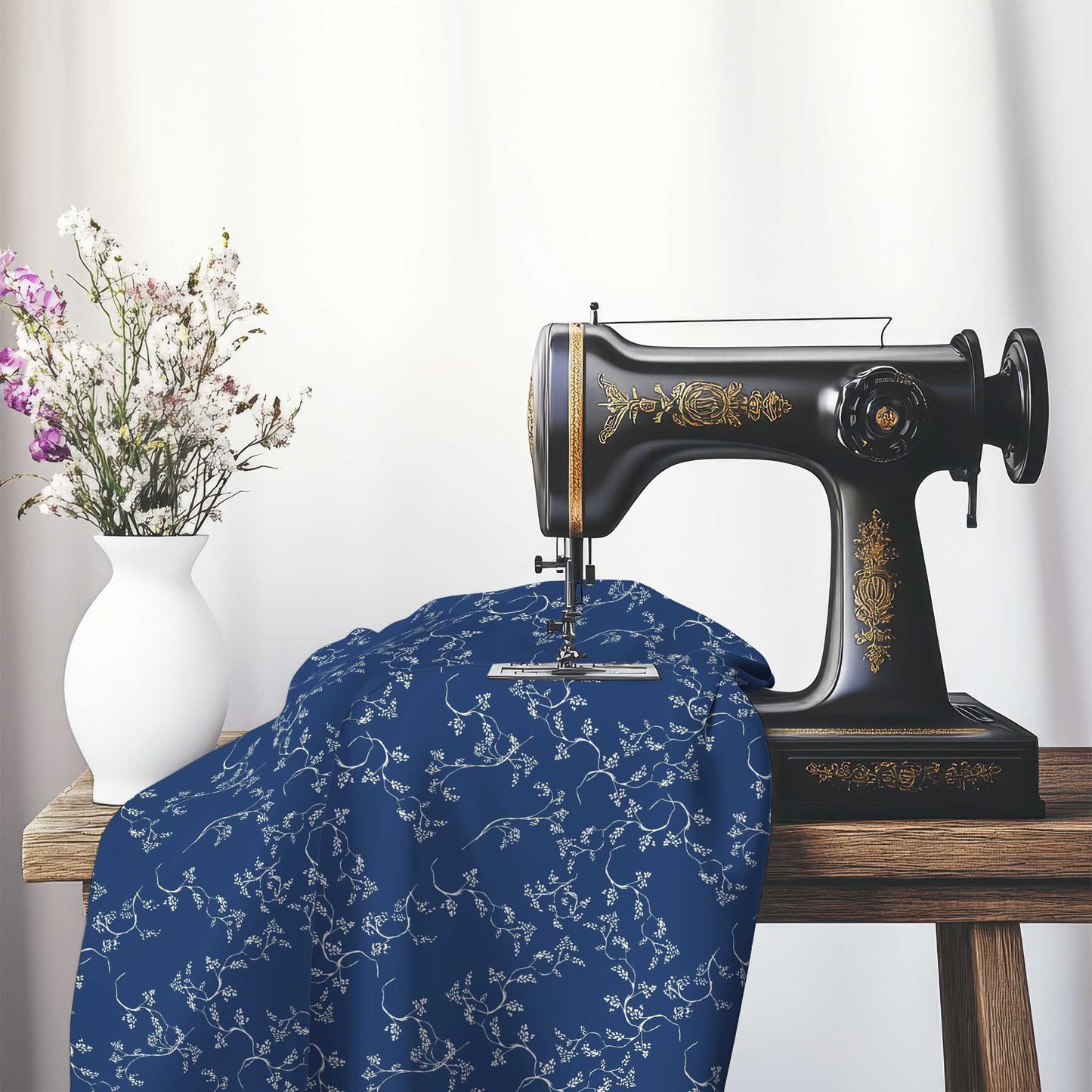 Royal Blue Cotton Sateen Fabric with Pale Cream Vine Print , FASC-1293-182, on an antique sewing machine sitting on a desk with vase of beautiful flowers.