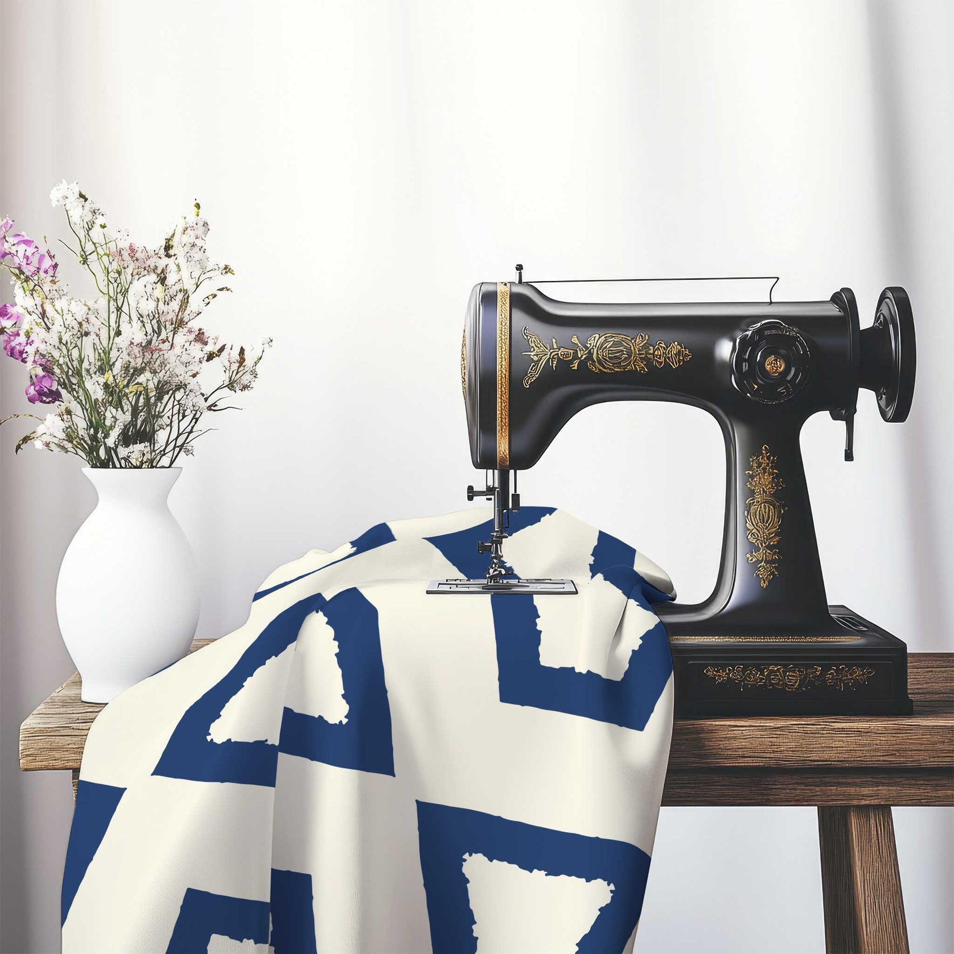 Pale Cream Cotton Sateen Fabric with Bold Royal Blue Graphic , FASC-1293-391, on an antique sewing machine sitting on a desk with vase of beautiful flowers.