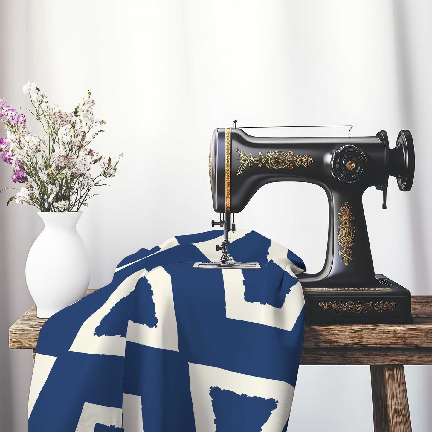 Royal Blue Cotton Sateen Fabric with Bold Pale Cream Graphic , FASC-1293-392, on an antique sewing machine sitting on a desk with vase of beautiful flowers.