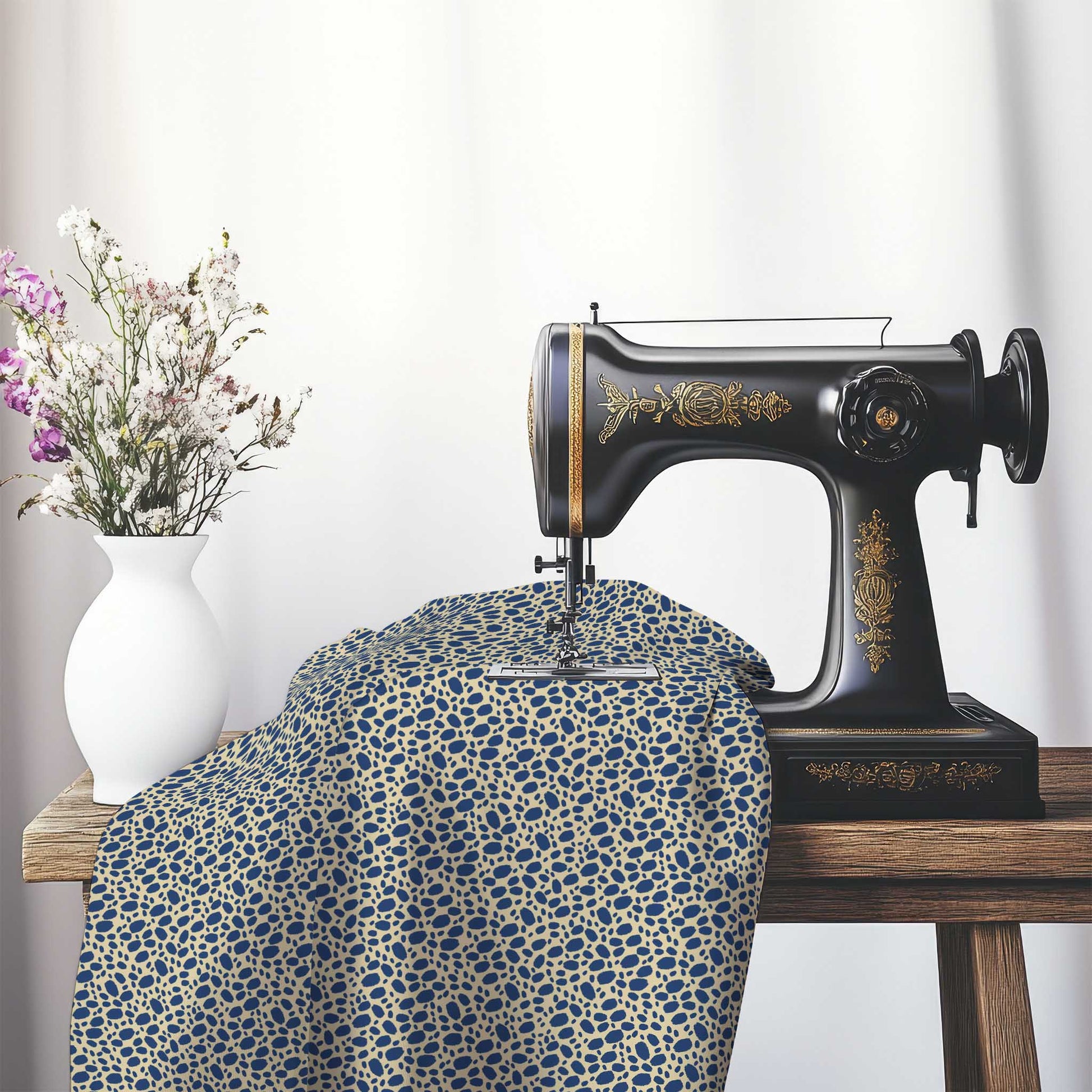 Tan Cotton Sateen Fabric with Royal Blue Hand-painted Dab Motif Print, FASC-1294-092, on an antique sewing machine sitting on a desk with vase of beautiful flowers.