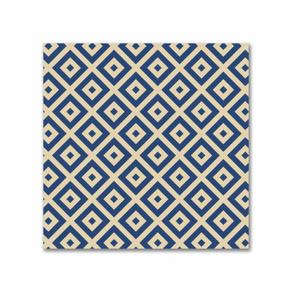 Tan Cotton Sateen Fabric with Royal Blue Repeating Square Motif Print | FACS-1294-122