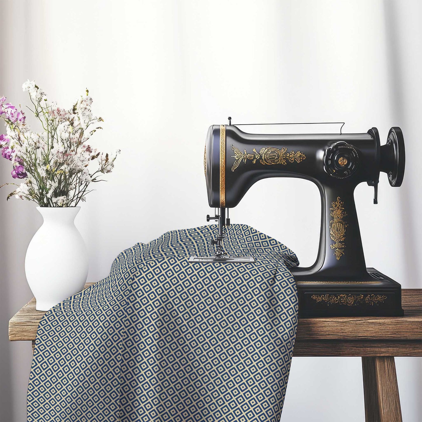 Tan Cotton Sateen Fabric with Royal Blue Repeating Square Motif Print, FASC-1294-122, on an antique sewing machine sitting on a desk with vase of beautiful flowers.