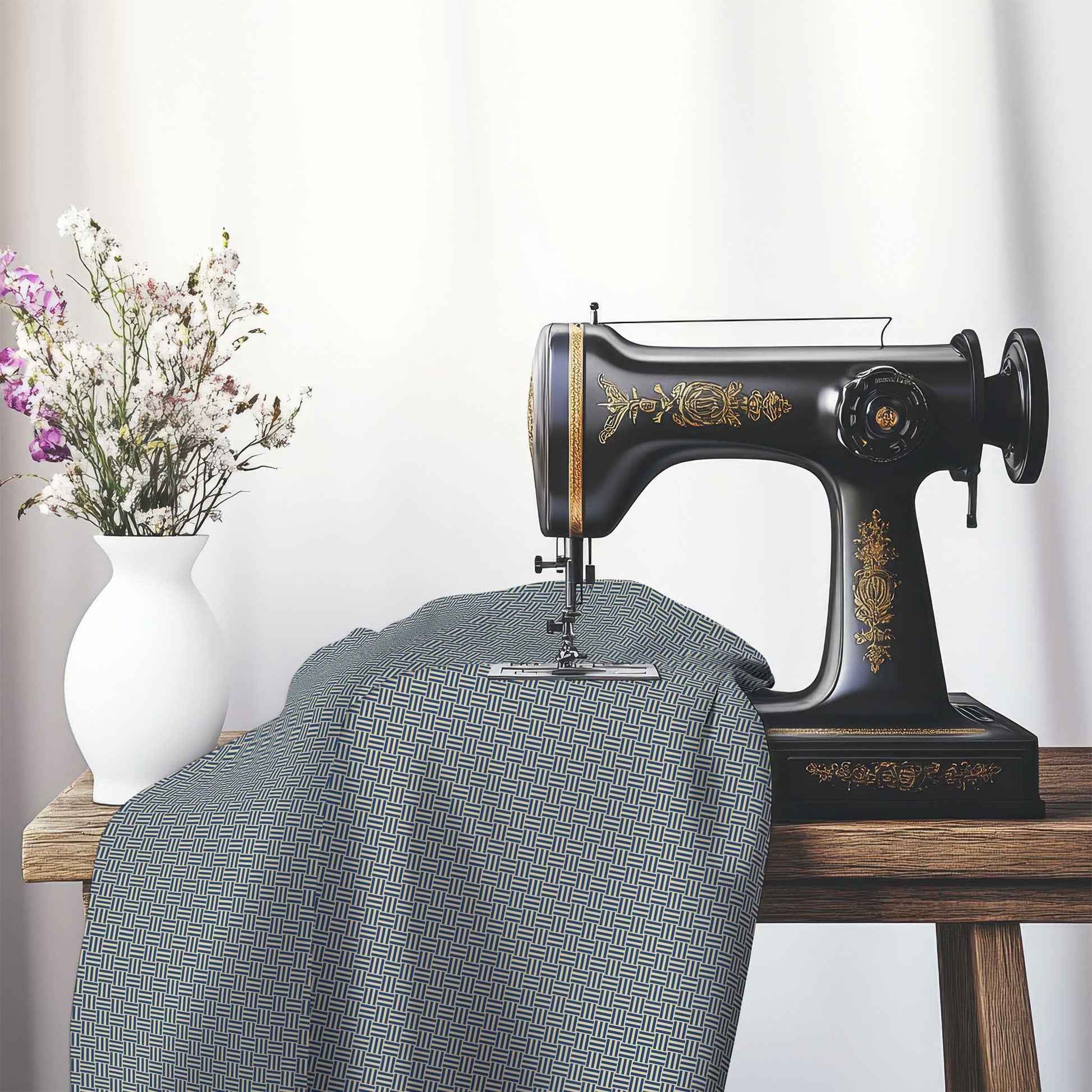 Tan Cotton Sateen Fabric with Royal Blue Double Weave Motif Print, FASC-1294-144, on an antique sewing machine sitting on a desk with vase of beautiful flowers.