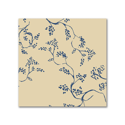 Tan Cotton Sateen Fabric with Royal Blue Hand-painted Vine Print | FACS-1294-181