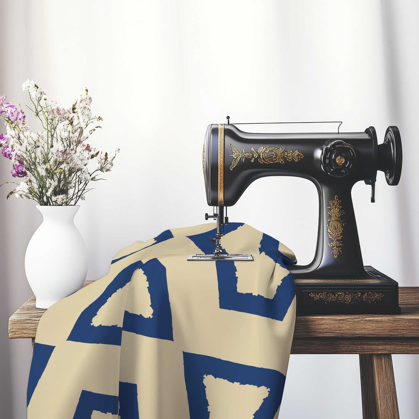Tan Cotton Sateen Fabric with Bold Royal Blue Graphic , FASC-1294-391, on an antique sewing machine sitting on a desk with vase of beautiful flowers.