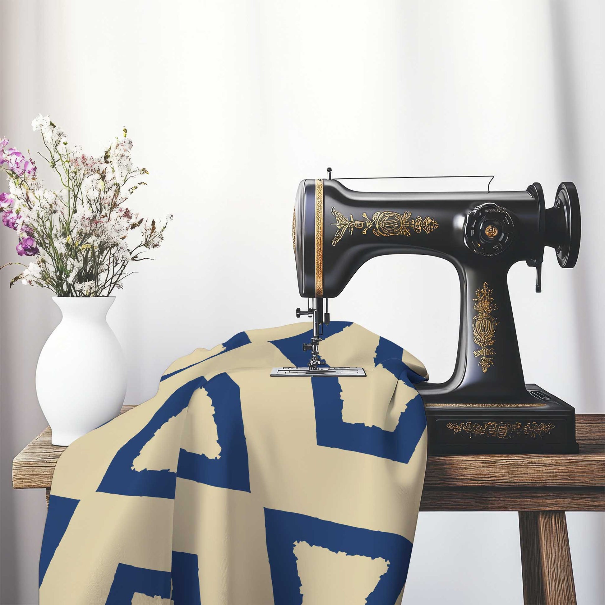Tan Cotton Sateen Fabric with Bold Royal Blue Graphic , FASC-1294-391, on an antique sewing machine sitting on a desk with vase of beautiful flowers.