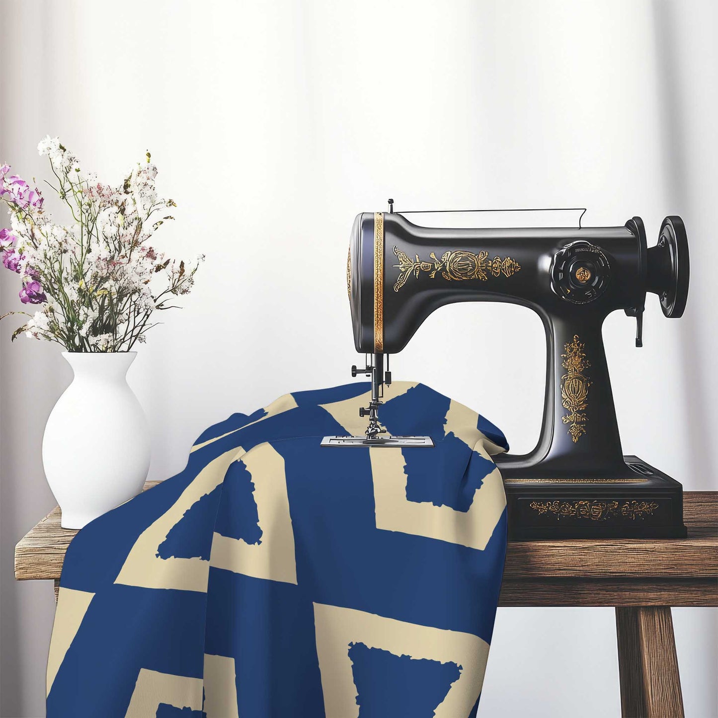 Royal Blue Cotton Sateen Fabric with Bold Tan Graphic , FASC-1294-392, on an antique sewing machine sitting on a desk with vase of beautiful flowers.