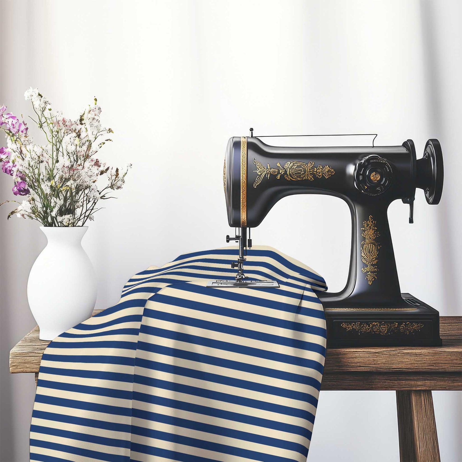 Cotton Sateen Fabric with Royal Blue Bars on Beige, FACS-1295-051, on an antique sewing machine sitting on a desk with vase of beautiful flowers.