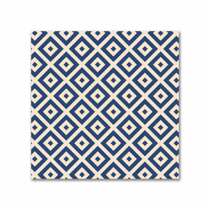 Beige Cotton Sateen Fabric with Royal Blue Repeating Square Motif Print | FACS-1295-122