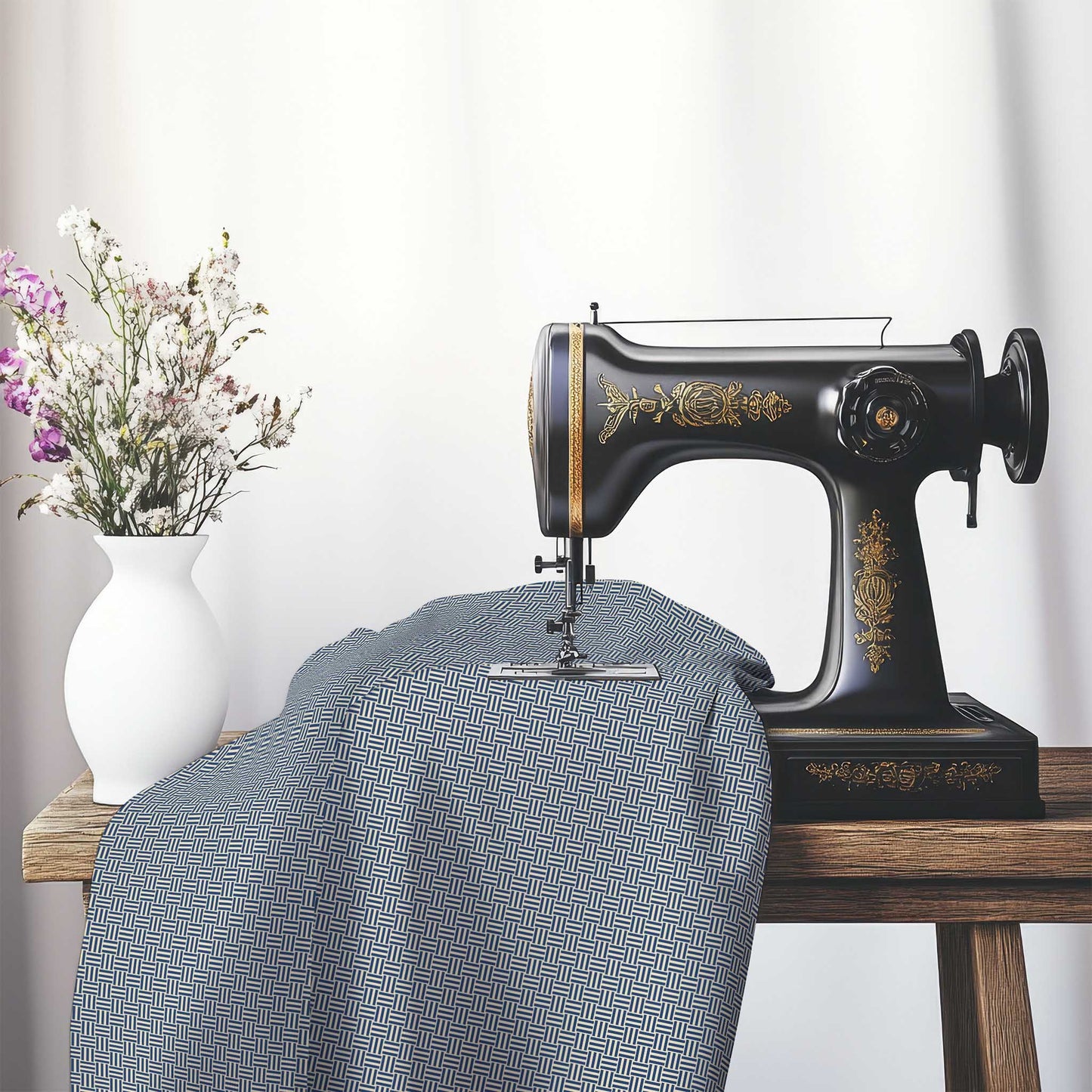 Beige Cotton Sateen Fabric with Royal Blue Double Weave Motif Print, FASC-1295-144, on an antique sewing machine sitting on a desk with vase of beautiful flowers.