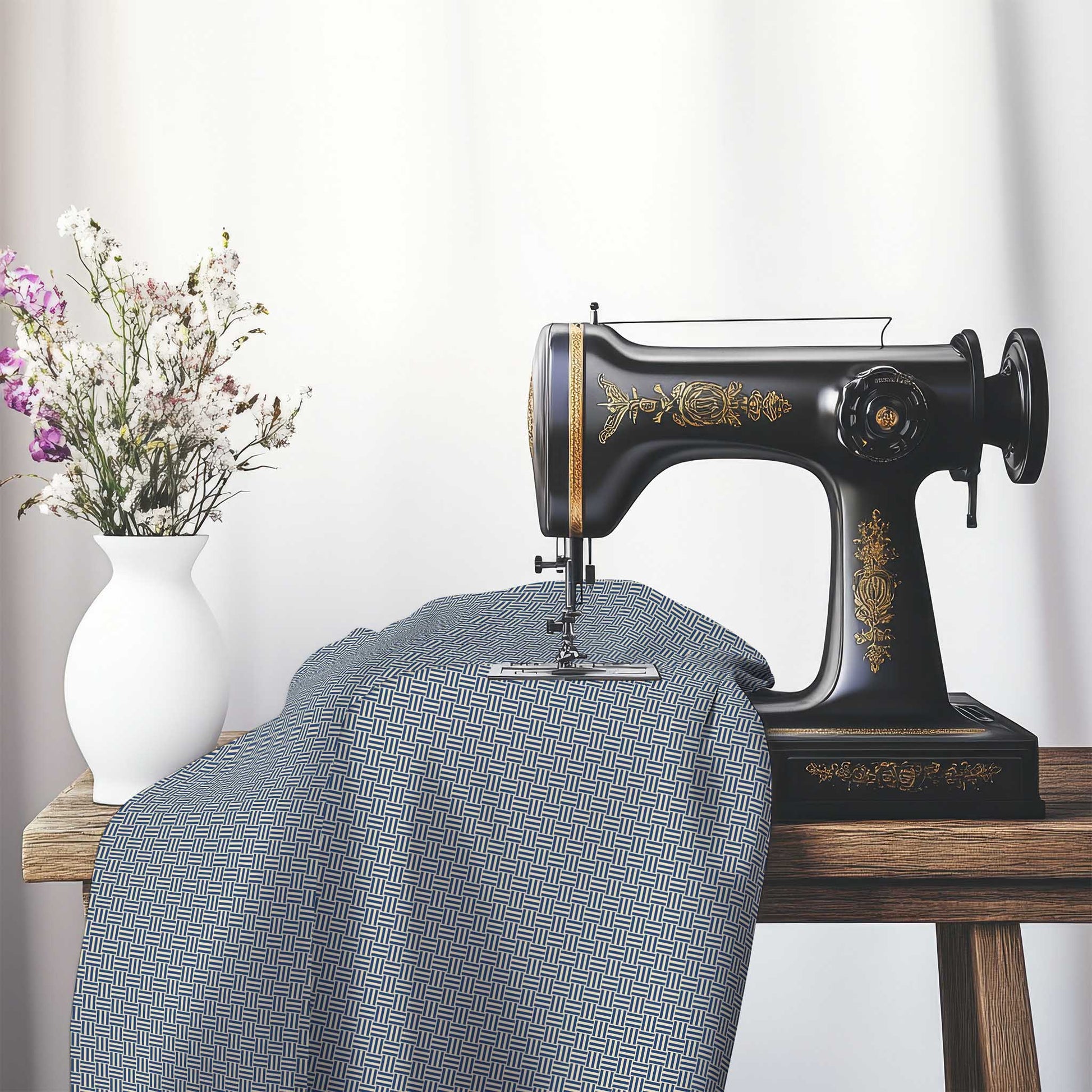 Beige Cotton Sateen Fabric with Royal Blue Double Weave Motif Print, FASC-1295-144, on an antique sewing machine sitting on a desk with vase of beautiful flowers.