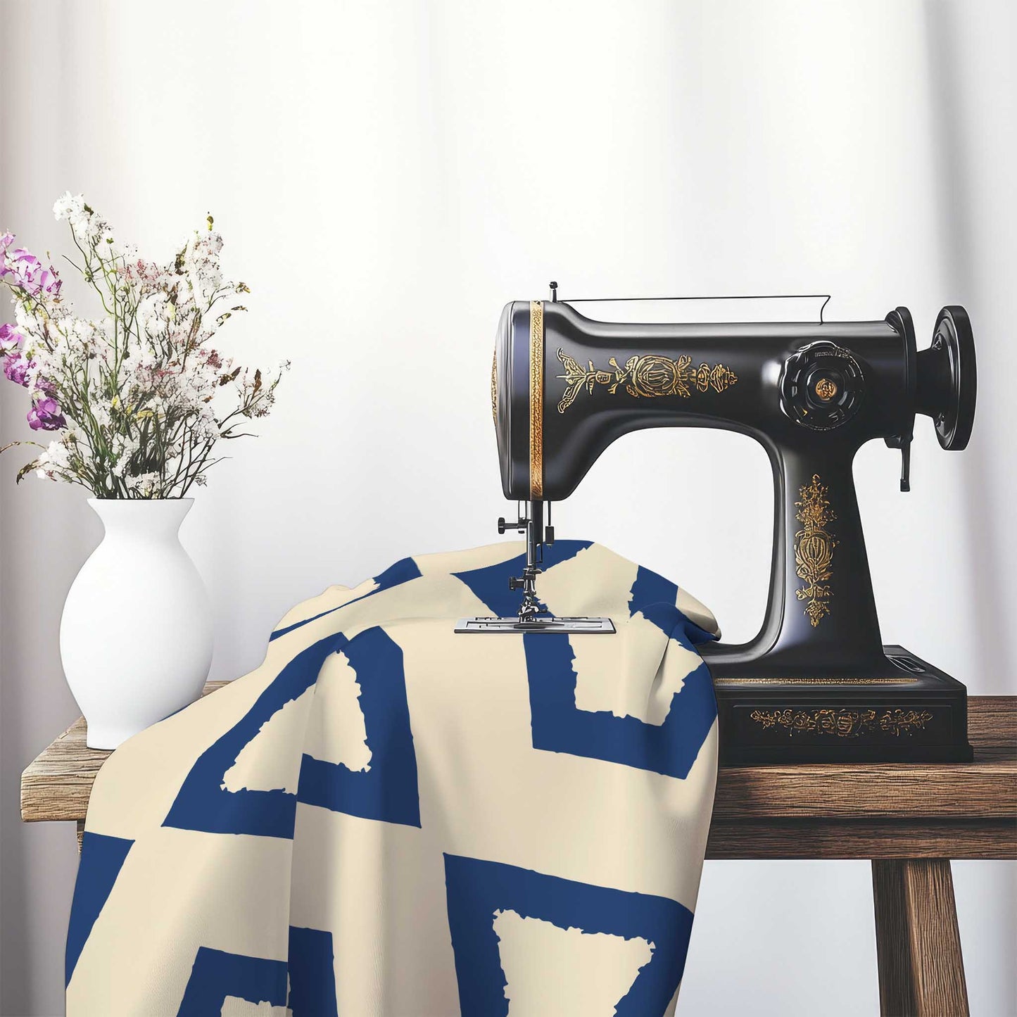 Beige Cotton Sateen Fabric with Bold Royal Blue Graphic , FASC-1295-391, on an antique sewing machine sitting on a desk with vase of beautiful flowers.