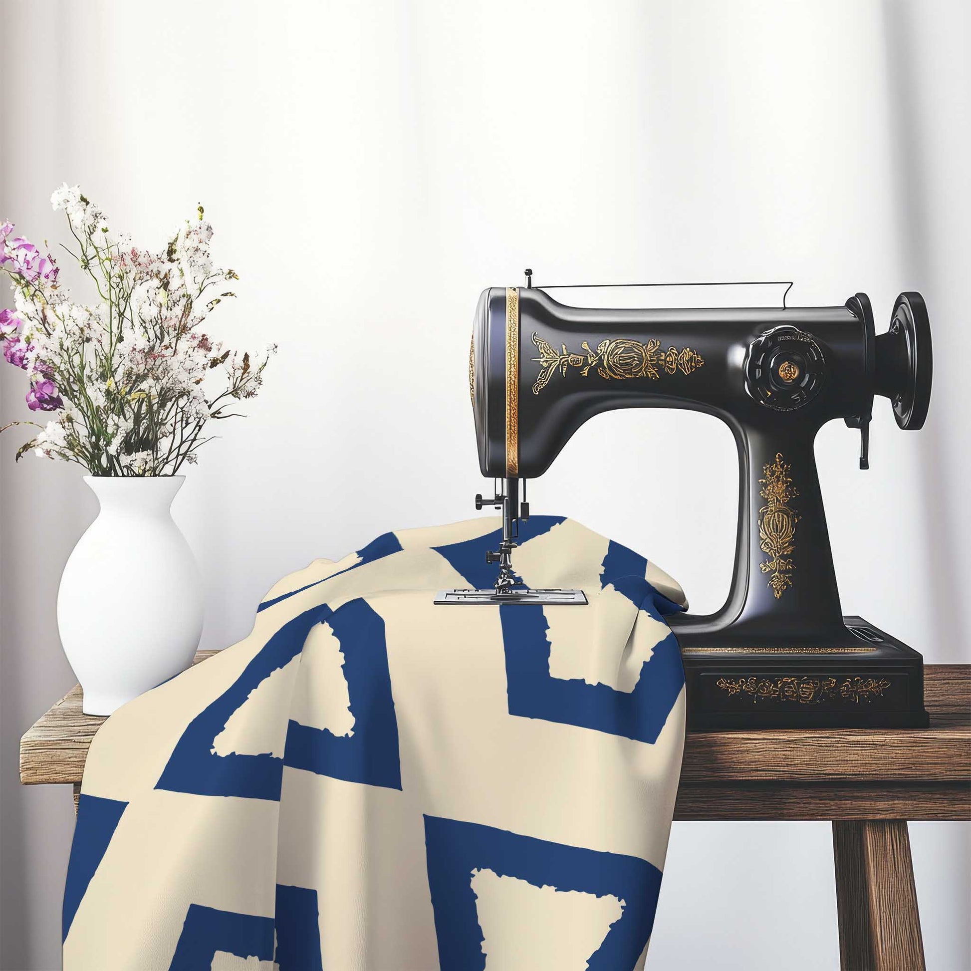 Beige Cotton Sateen Fabric with Bold Royal Blue Graphic , FASC-1295-391, on an antique sewing machine sitting on a desk with vase of beautiful flowers.