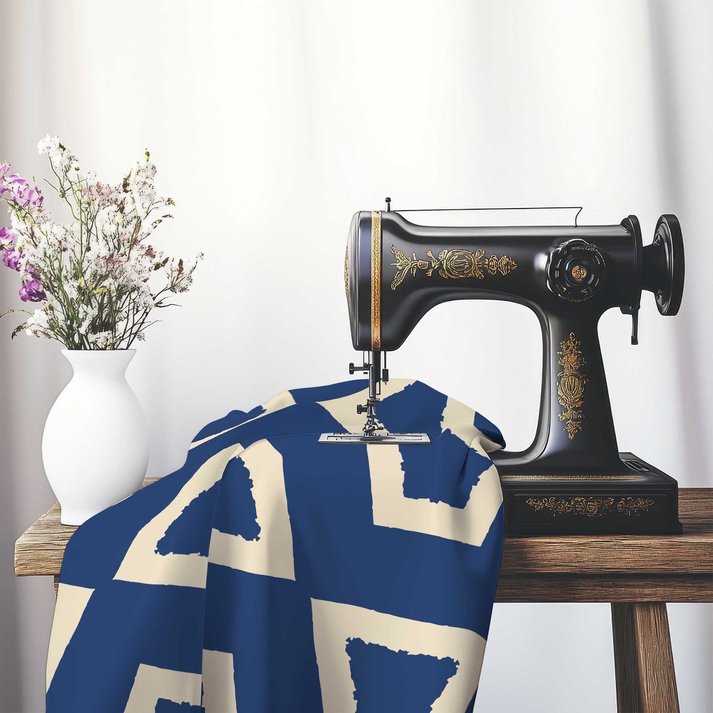 Royal Blue Cotton Sateen Fabric with Bold Beige Graphic , FASC-1295-392, on an antique sewing machine sitting on a desk with vase of beautiful flowers.