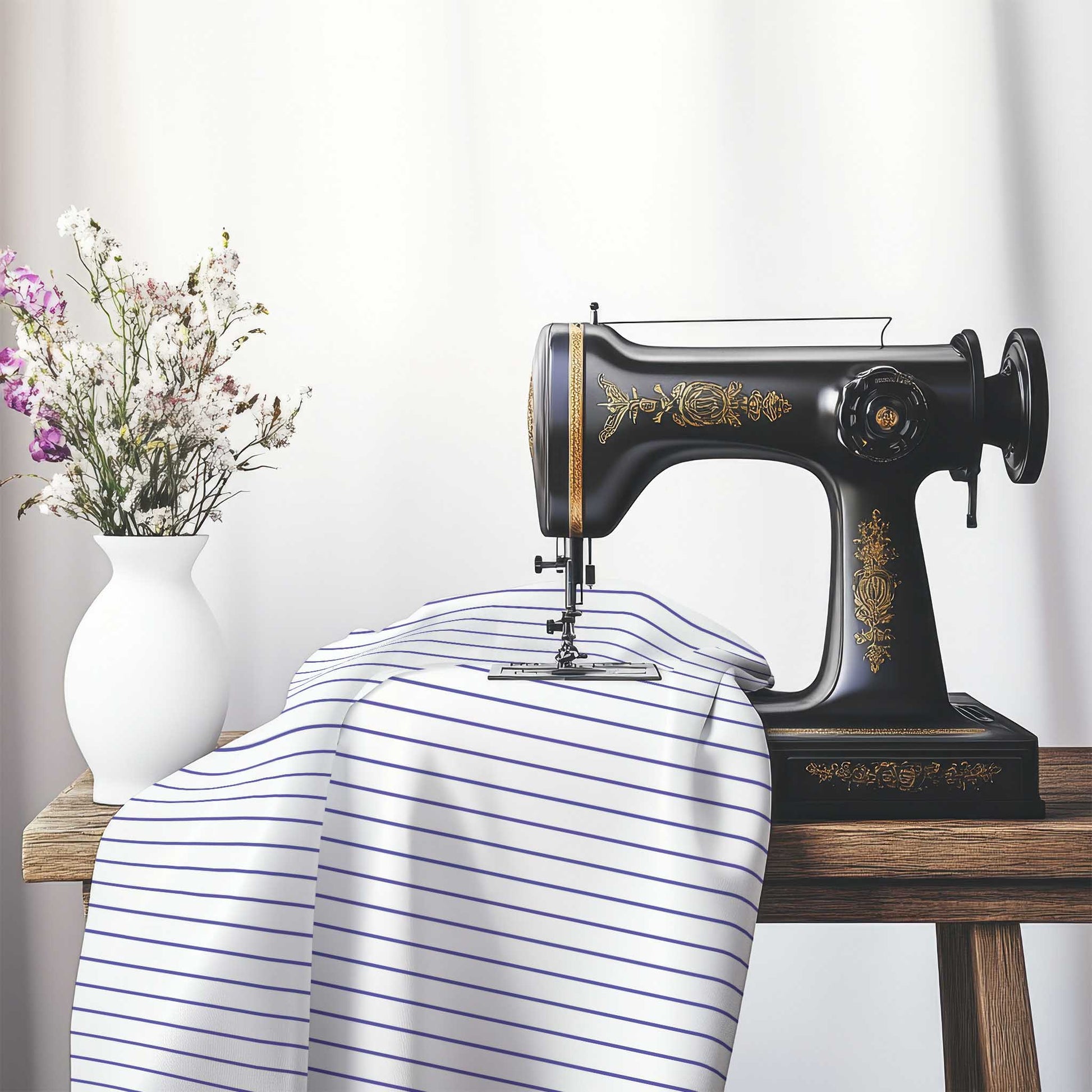 White Cotton Sateen Fabric with Fine Purple Stripes, FACS-1300-151, on an antique sewing machine sitting on a desk with vase of beautiful flowers.