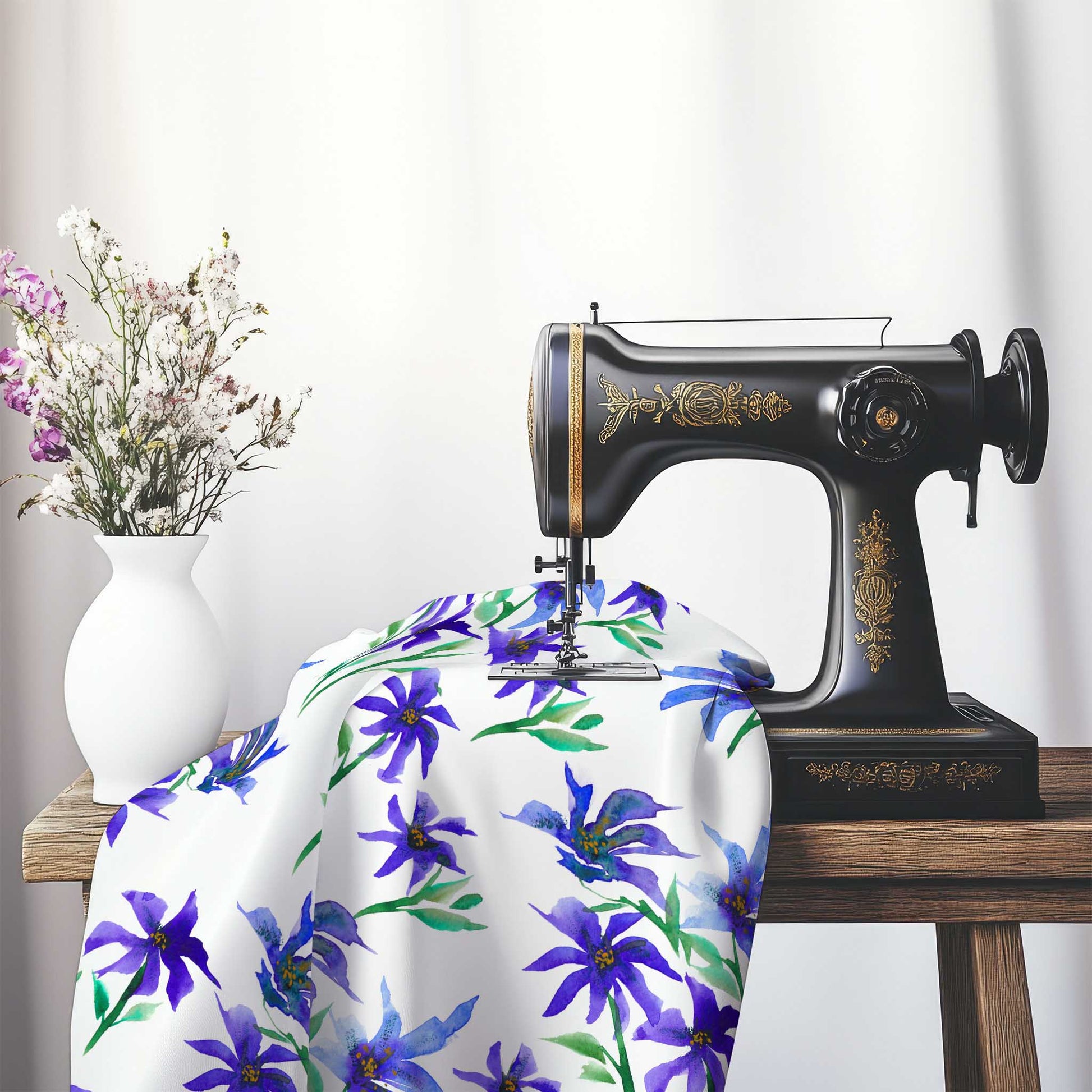 Printed Fabric with Handpainted Purple Watercolor Floral, FACS-1304, on an antique sewing machine sitting on a desk with vase of beautiful flowers.