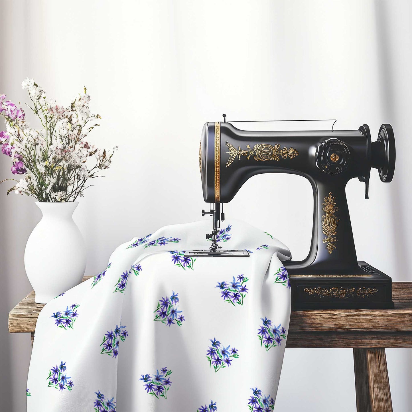 Printed Fabric with Handpainted Purple Watercolor Floral Pattern, FACS-1305, on an antique sewing machine sitting on a desk with vase of beautiful flowers.