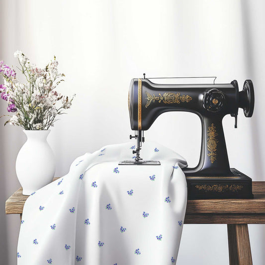 Printed Fabric with Handpainted Small Purple Watercolor Floral Pattern, FACS-1306, on an antique sewing machine sitting on a desk with vase of beautiful flowers.