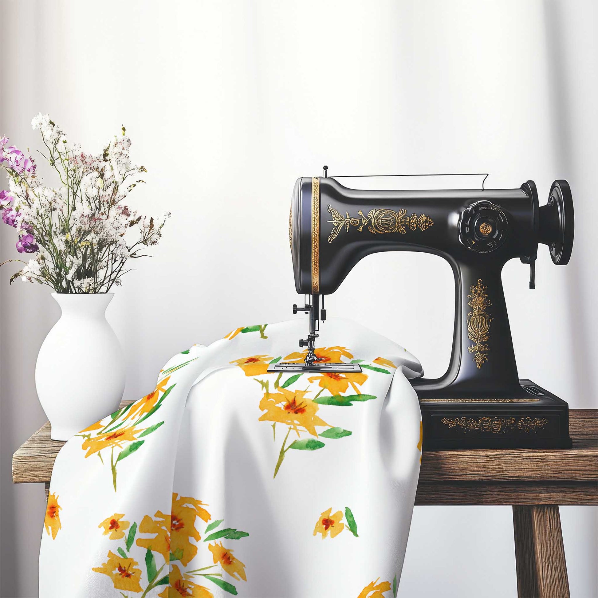 Printed Fabric with Handpainted Yellow-Orange Watercolor Floral, FACS-1314, on an antique sewing machine sitting on a desk with vase of beautiful flowers.