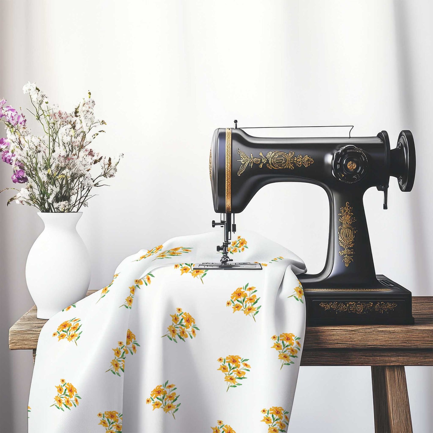 Printed Fabric with Handpainted Yellow-Orange Watercolor Floral Pattern, FACS-1315, on an antique sewing machine sitting on a desk with vase of beautiful flowers.